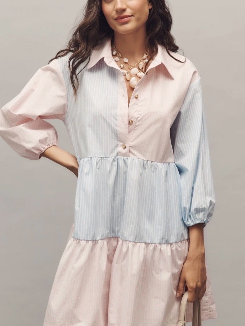 Anthropologie Pink & Light Blue Tiered Button-Front Tunic